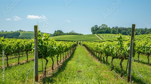 A peaceful vineyard with rows of grapevines stretching out under the sun, inviting travelers to enjoy wine tasting and the scenic beauty of the countryside