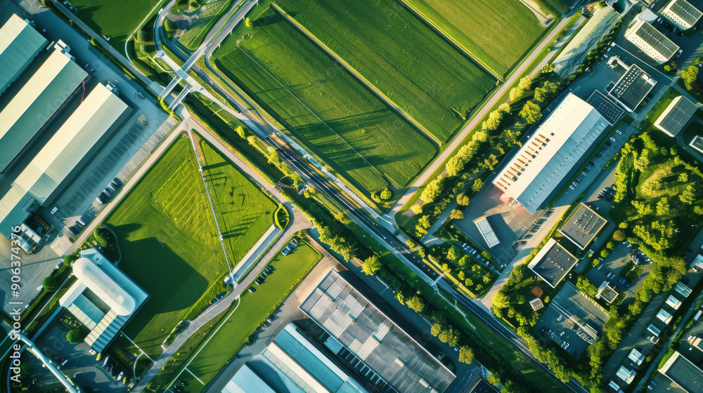 A vibrant aerial view of a lush green agricultural landscape, showcasing neatly aligned fields, buildings, and intersecting roads in a meticulously planned layout. A vibrant aerial view of a lush green agricultural landscape, showcasing neatly aligned fields, buildings, and intersecting roads in a meticulously planned layout.