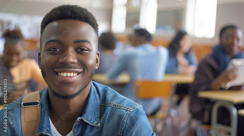 A young man, smiling brightly, sits in a classroom setting with peers in the background, radiating warmth and optimism. A young man, smiling brightly, sits in a classroom setting with peers in the background, radiating warmth and optimism.