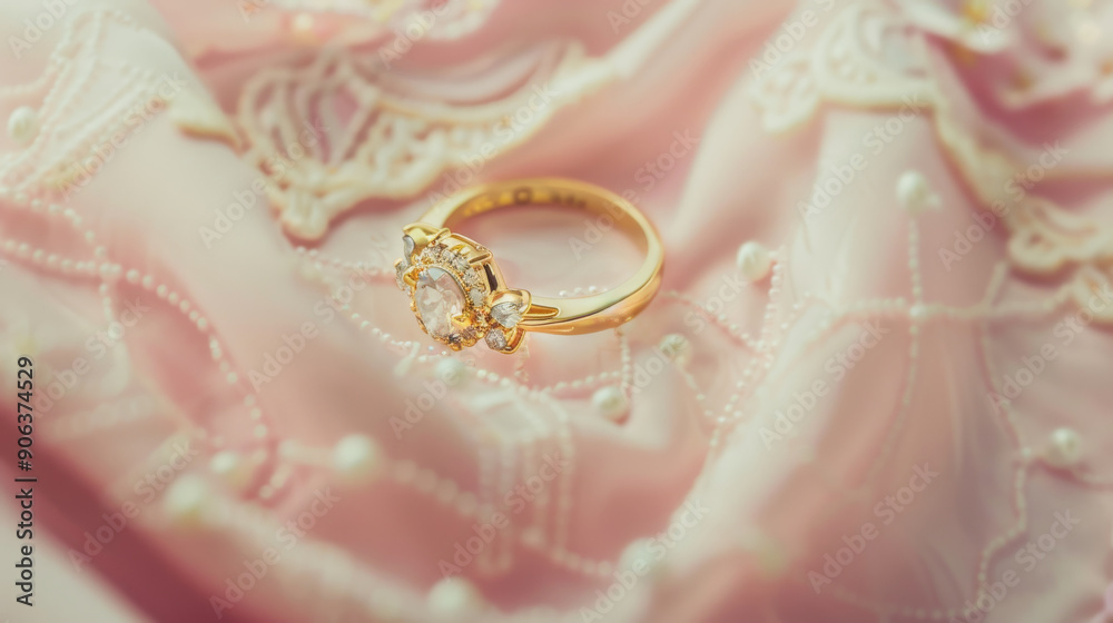 A luxurious gold ring adorned with intricate designs and pearls, placed on a pale pink fabric, exuding grace and refinement.
