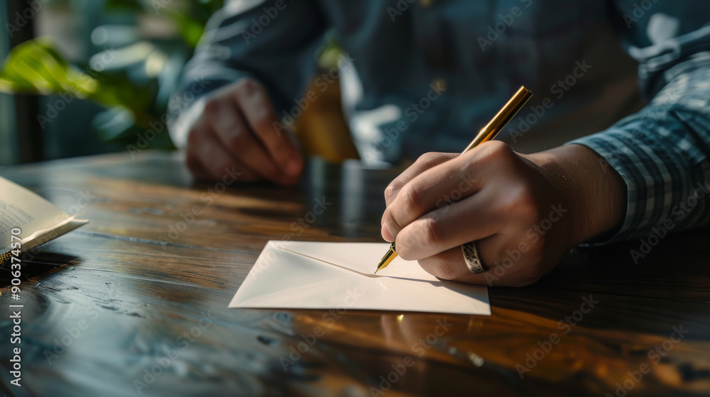A person writing a letter with a golden pen on a wooden desk, evoking nostalgia and the timeless art of handwritten correspondence. A person writing a letter with a golden pen on a wooden desk, evoking nostalgia and the timeless art of handwritten correspondence.