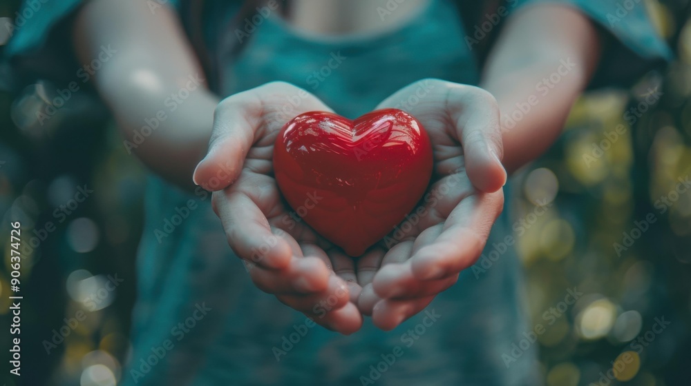 Hands Holding a Red Heart in a Blurred Green Background Hands Holding a Red Heart in a Blurred Green Background