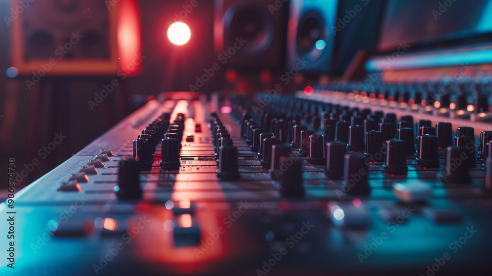 A vibrant sound mixing console illuminated by colorful studio lights, representing the dynamic energy of a music production environment. A vibrant sound mixing console illuminated by colorful studio lights, representing the dynamic energy of a music production environment.