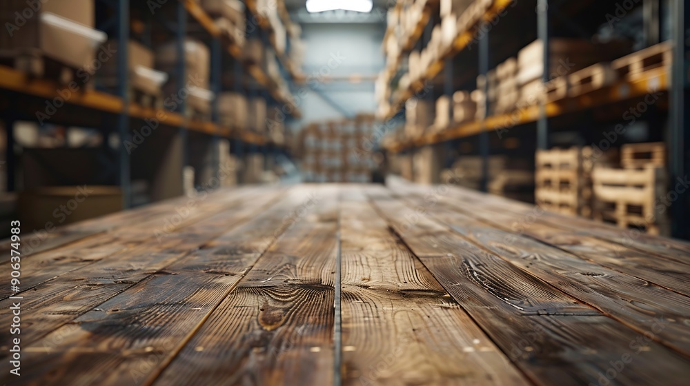 The empty wooden table top with blur background of warehouse storage Exuberant image : Generative AI The empty wooden table top with blur background of warehouse storage Exuberant image : Generative AI