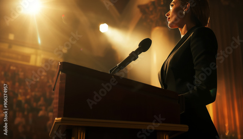 Politician Woman in formal suit delivering speech from podium with microphone illuminated by bright stage lights setting of official political meeting with elections voters on pre Election day photo