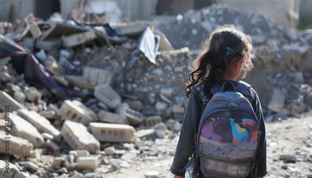 Kids in first day of school with backpack in war zone, conflict Stock ...