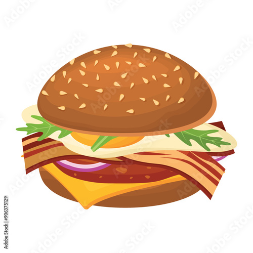Vector cartoon image of a hamburger with ingredients. Fast food and tasty food concept. Elements for your design. Banner for a website, leaflets, etc.