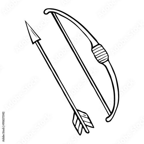 Weapon bow for throwing arrows hand drawn in doodle style. Archery at the target. Sports shooting. Hunting. Arc stick with bowstring. Vector line art illustration.