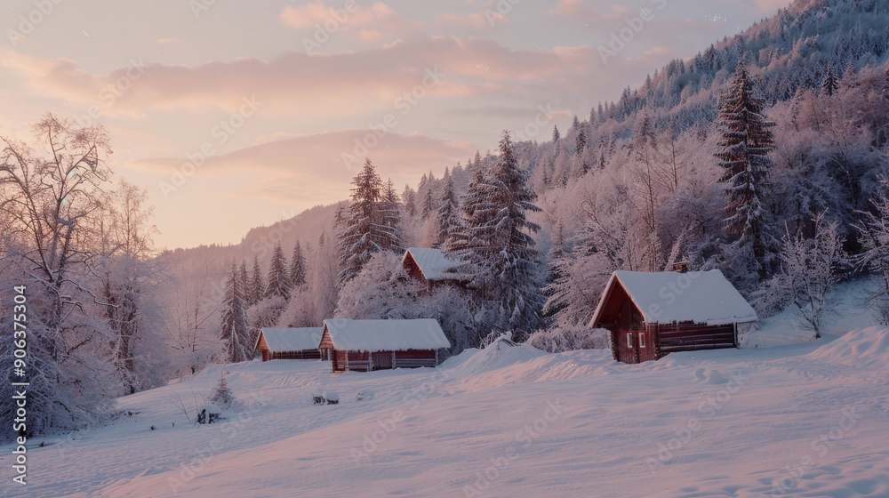 Picturesque snowy cabins nestled among pine trees on a tranquil winter evening, with a pastel sunset illuminating the serene snowy landscape. Picturesque snowy cabins nestled among pine trees on a tranquil winter evening, with a pastel sunset illuminating the serene snowy landscape.