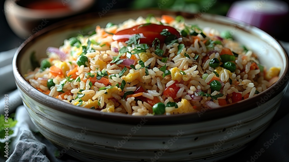 A bowl of colorful vegetable fried rice garnished with fresh herbs and a slice of tomato on top. A bowl of colorful vegetable fried rice garnished with fresh herbs and a slice of tomato on top.