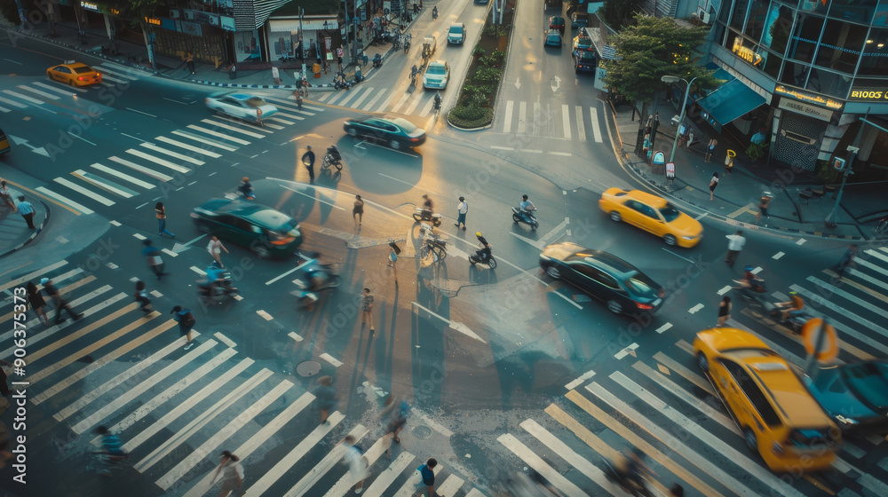 An aerial view of a bustling city intersection filled with pedestrians and vehicles, capturing the energy and dynamism of urban life at dusk. An aerial view of a bustling city intersection filled with pedestrians and vehicles, capturing the energy and dynamism of urban life at dusk.