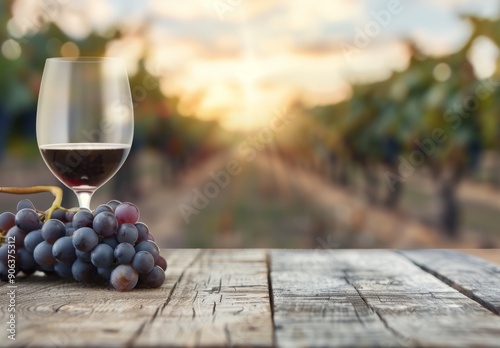 Glass of Red Wine Next to Grapes on Wooden Table at Sunset in Vineyard