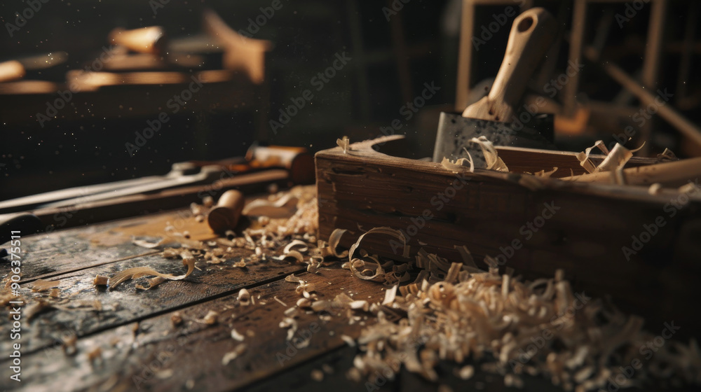 A woodworker's bench is covered in wood shavings, showcasing tools and a partially carved wooden piece, capturing the artistry of woodworking. A woodworker's bench is covered in wood shavings, showcasing tools and a partially carved wooden piece, capturing the artistry of woodworking.