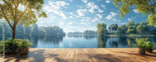 Timber deck overlooking a peaceful lake, a sanctuary for relaxation, nature retreat