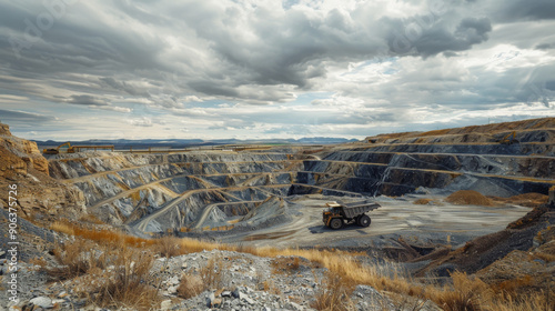 An expansive open-pit mining scene under a dramatic sky, highlighting the industrial machinery and rugged terrain.