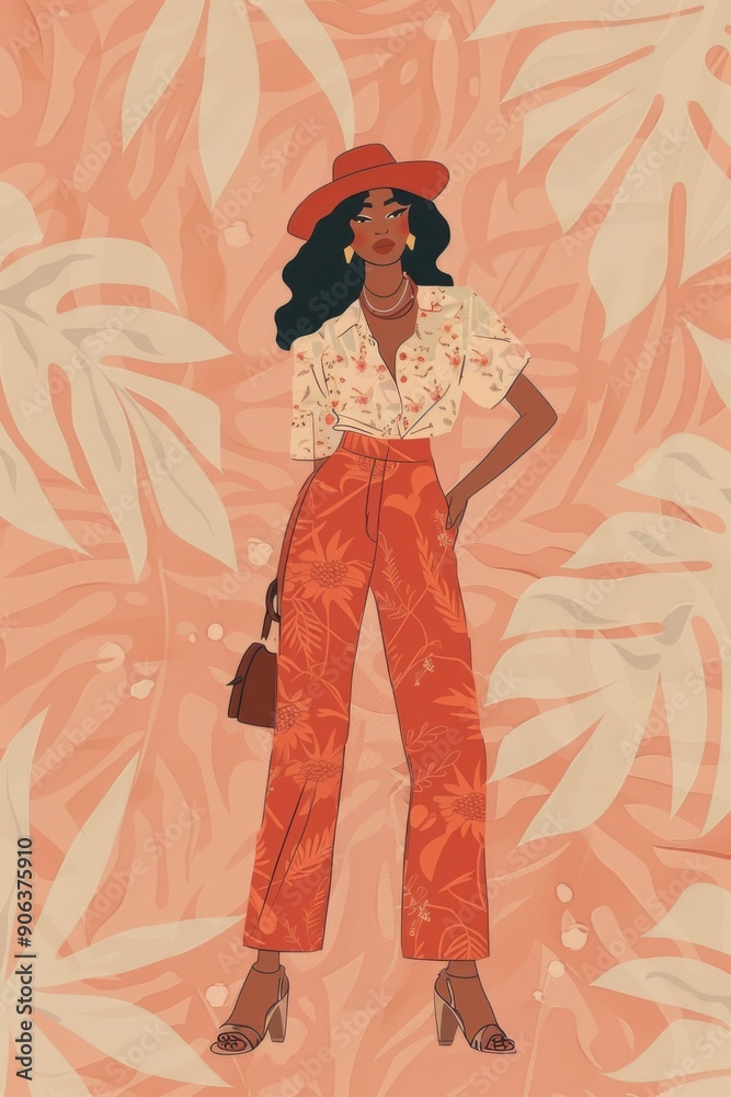 Fototapeta premium Minimalism illustration, a Latina woman, wearing a boho high-waisted trousers with a flowy blouse, a beret, and a small satchel bag, standing with one hand on her hip, boho woman fashion, patterned
