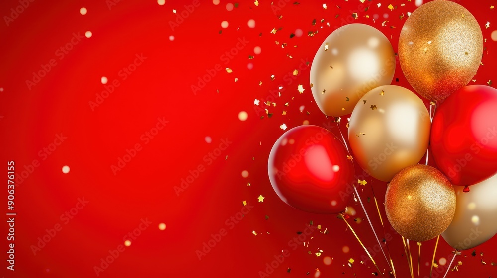 Red and gold balloons in front of a carnival banner, festive scene, vibrant red backdrop Red and gold balloons in front of a carnival banner, festive scene, vibrant red backdrop