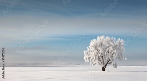 Winter Landscape With Isolated Frost-Covered Tree Under Clear Blue Sky
