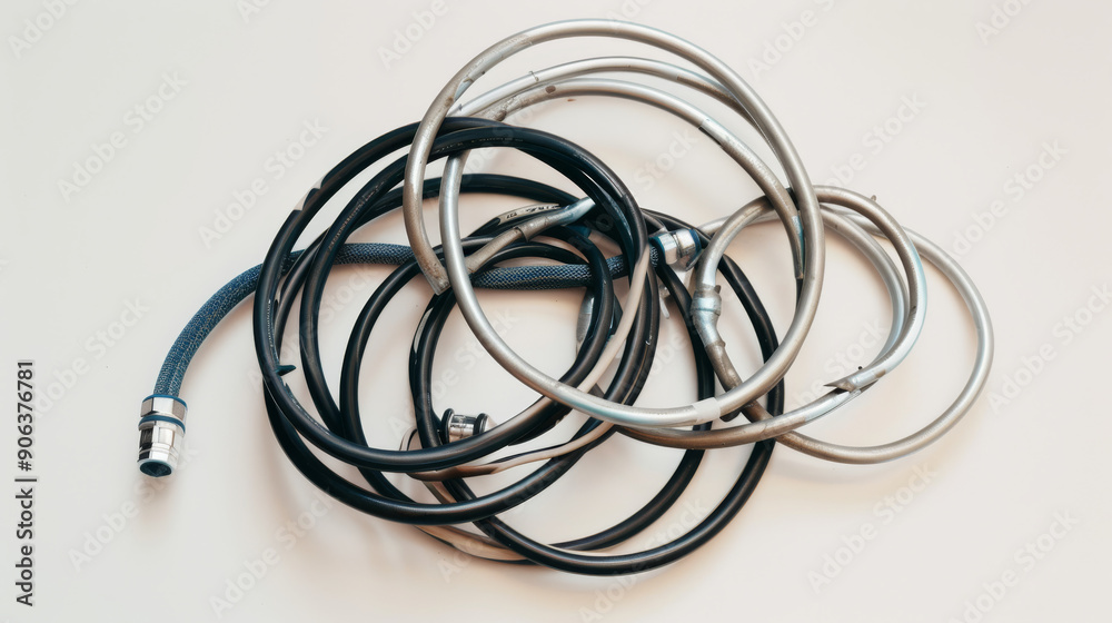 A tangled mix of black, silver, and white hoses arranged on a flat surface demonstrating chaos and complexity in industrial equipment. A tangled mix of black, silver, and white hoses arranged on a flat surface demonstrating chaos and complexity in industrial equipment.