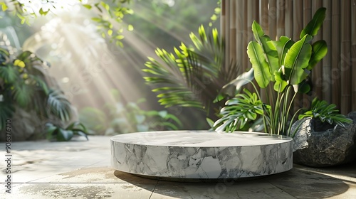 Luxurious stonemarble pedestal basks in foliage gobo sunlight Wooden rod backdrop adds depth and elegance Ideal for premium product showcases and sophisticated designs : Generative AI photo