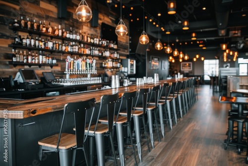 Stylish Modern Bar Interior With Long Wooden Counter and Ambient Lighting