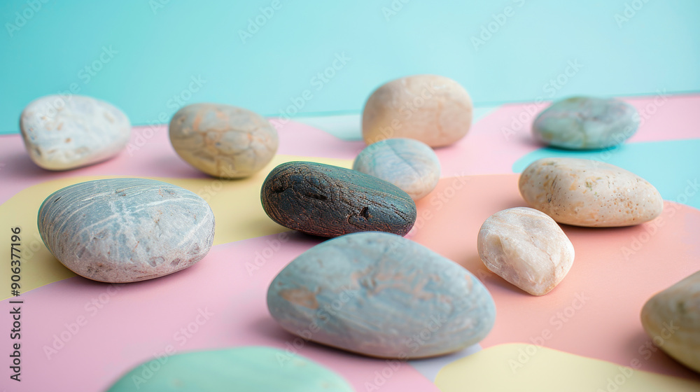 A collection of smooth, colorful stones are artistically arranged on a pastel-colored surface, creating an aesthetically pleasing and calming composition. A collection of smooth, colorful stones are artistically arranged on a pastel-colored surface, creating an aesthetically pleasing and calming composition.