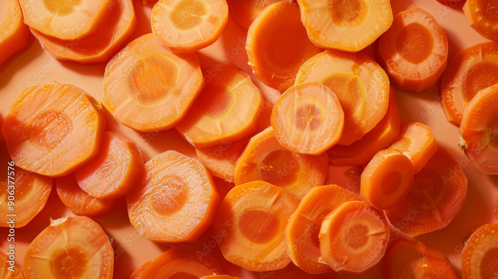 An abundance of neatly sliced orange carrots displayed in a bright, appetizing manner. An abundance of neatly sliced orange carrots displayed in a bright, appetizing manner.