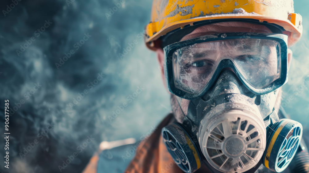 A rugged worker wearing a protective mask and helmet stands amidst clouds of dust and smoke, a symbol of resilience and determination. A rugged worker wearing a protective mask and helmet stands amidst clouds of dust and smoke, a symbol of resilience and determination.