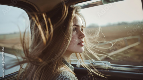 Woman in a car with hair blowing in the wind, gazing out the window with a serene expression, enjoying the freedom of the open road. photo