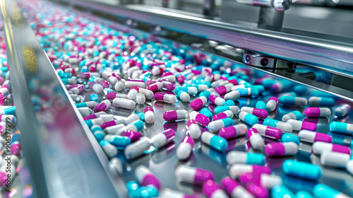 An assembly line filled with colorful capsules and tablets, showcasing pharmaceutical manufacturing with precision and efficiency.