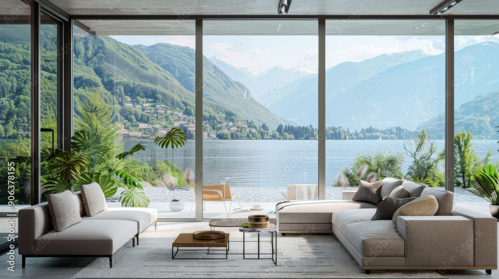 A breathtaking living room with panoramic floor-to-ceiling windows showcasing a majestic lake and mountains, enveloped in natural light and comfort. A breathtaking living room with panoramic floor-to-ceiling windows showcasing a majestic lake and mountains, enveloped in natural light and comfort.