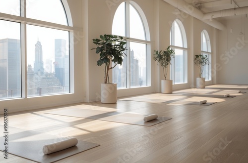Modern Yoga Studio With Floor-To-Ceiling Windows And Plants In Urban Setting