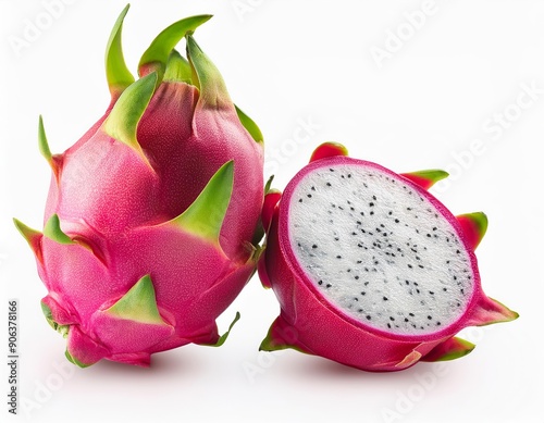realistic full dragon fruits and half cut dragon fruit studio photography white background food object 3 photo