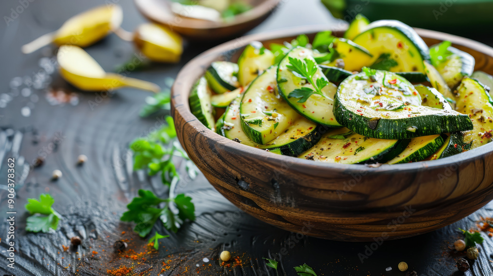 Fresh zucchini salad in a wooden bowl, seasoned to perfection, with a rustic, healthy, and appetizing appearance.