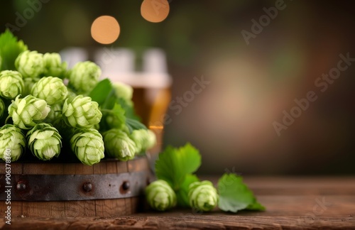 Freshly Harvested Hops on Rustic Table With Beer Glasses in Background