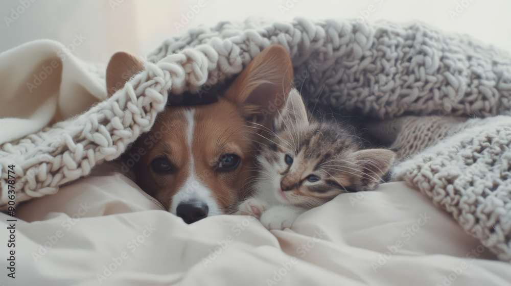 A corgi puppy and a kitten are snugly wrapped in a thick knitted blanket, lying closely on soft bedding. A corgi puppy and a kitten are snugly wrapped in a thick knitted blanket, lying closely on soft bedding.