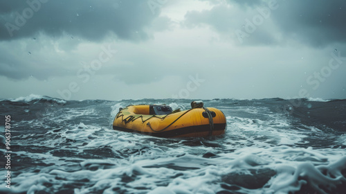 An orange life raft floats on a stormy sea under dark, tumultuous clouds, reflecting a scene of peril and isolation.