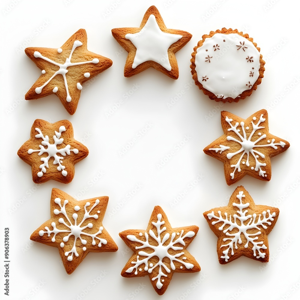 Meticulously Arranged Christmas Star Border Framing Festive Cookies on Solid White Background Meticulously Arranged Christmas Star Border Framing Festive Cookies on Solid White Background