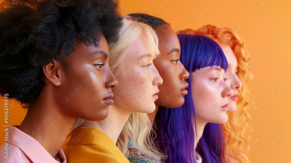 A group portrait featuring five individuals with diverse aesthetics against a vibrant orange background.