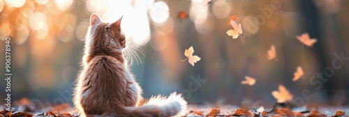 Orange Cat Sitting in Autumn Leaves During Sunset