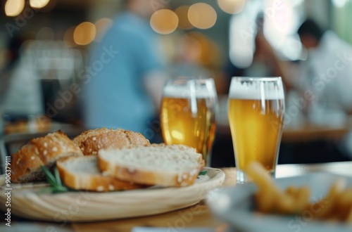 Delicious Bread and Beer at a Vibrant Restaurant in the Evening