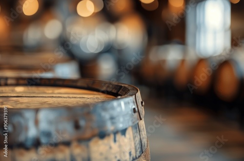 Wooden Barrels In a Rustic Distillery Setting