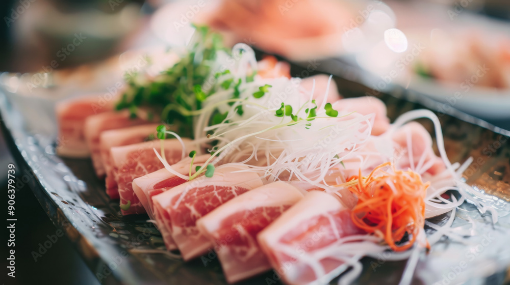 Close-up of intricately arranged pink and white sushi rolls adorned with fresh herbs and vegetables, highlighting the precision in Japanese cuisine. Close-up of intricately arranged pink and white sushi rolls adorned with fresh herbs and vegetables, highlighting the precision in Japanese cuisine.