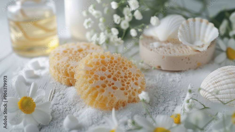 Two soft bath sponges surrounded by white daisies, seashells, and a bottle of oil on a powdery white surface, creating a clean, fresh bath-time atmosphere. Two soft bath sponges surrounded by white daisies, seashells, and a bottle of oil on a powdery white surface, creating a clean, fresh bath-time atmosphere.
