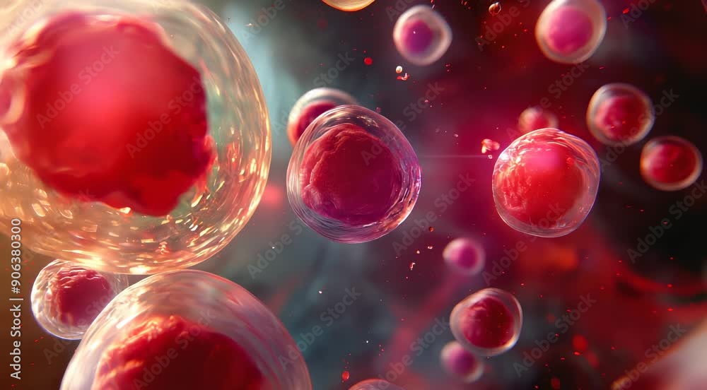 Close-up view of human biological cells with detailed structures including nuclei and cytoplasm highlighting cellular components.