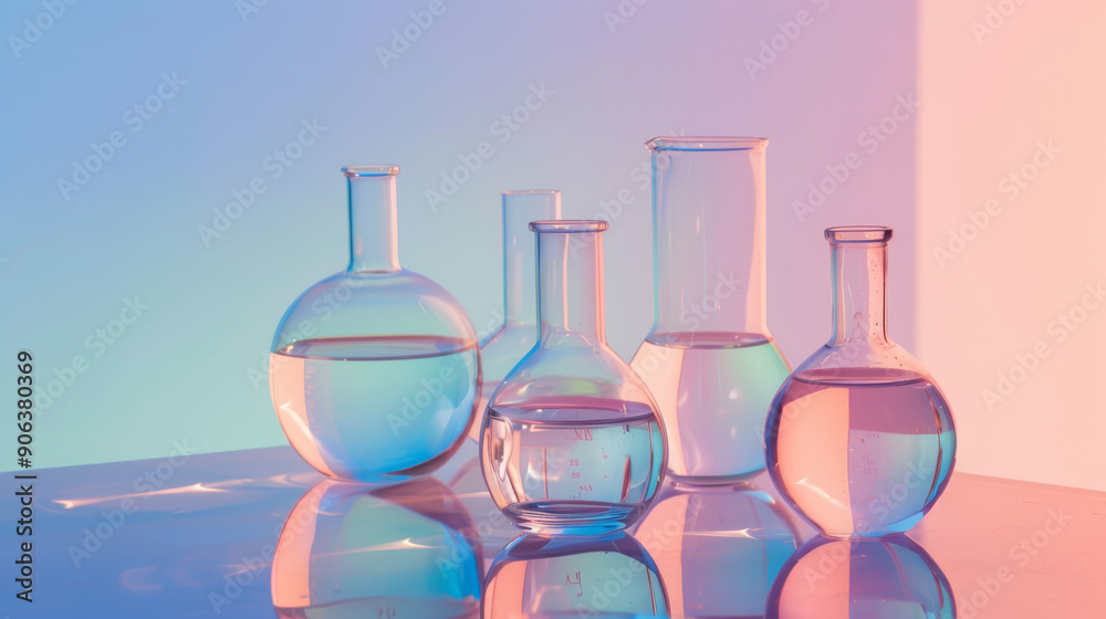 Collection of various chemistry flasks and beakers filled with colorful liquids, set against a pastel background, suggesting scientific exploration and modern aesthetics. Collection of various chemistry flasks and beakers filled with colorful liquids, set against a pastel background, suggesting scientific exploration and modern aesthetics.