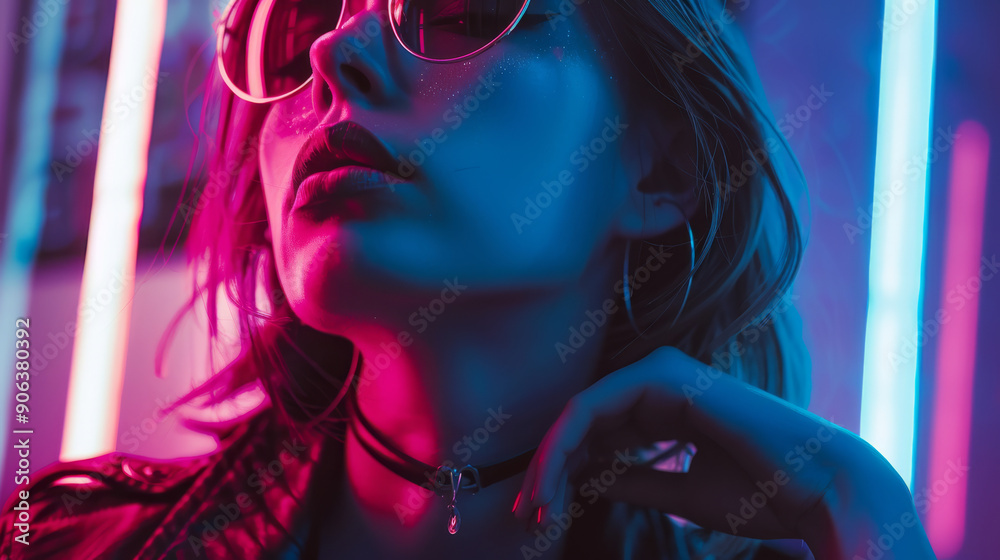 A stylish woman in a chic outfit, with bold makeup, illuminated by vibrant neon lights, exudes confidence and modernity. A stylish woman in a chic outfit, with bold makeup, illuminated by vibrant neon lights, exudes confidence and modernity.
