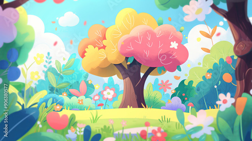 Spring or summer forest illustration in children cartoon style. Fairytale background with big tree and colorful leaves and flowers. Cute flat vector style.