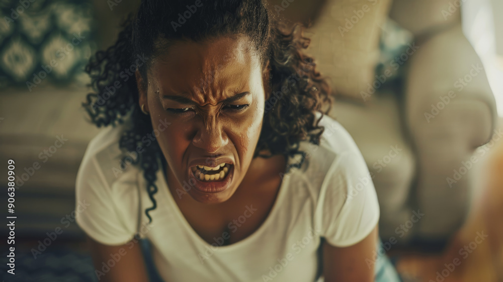 A woman displaying intense anger, mouth open in a yell, conveying emotional distress and frustration in a powerful, visceral moment. A woman displaying intense anger, mouth open in a yell, conveying emotional distress and frustration in a powerful, visceral moment.