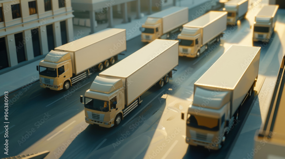 A fleet of white delivery trucks driving in unison on a sunlit city street, casting long shadows in the evening light. A fleet of white delivery trucks driving in unison on a sunlit city street, casting long shadows in the evening light.